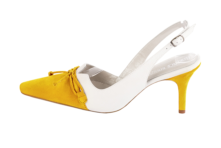 Dress slingback bow heels in yellow and pure white leather with high slim heels and tapered toe - Profile view